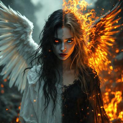 The primary subject of the image is a woman with a mix of dark and light hair, wearing a white dress and a black shirt. She has a demonic appearance, with her eyes glowing red. The setting is a dark, possibly demonic, environment. The visual style is a combination of photo and digital art, creating a unique and intriguing image. The colors and mood are predominantly dark, with the red eyes adding a touch of eeriness to the scene.